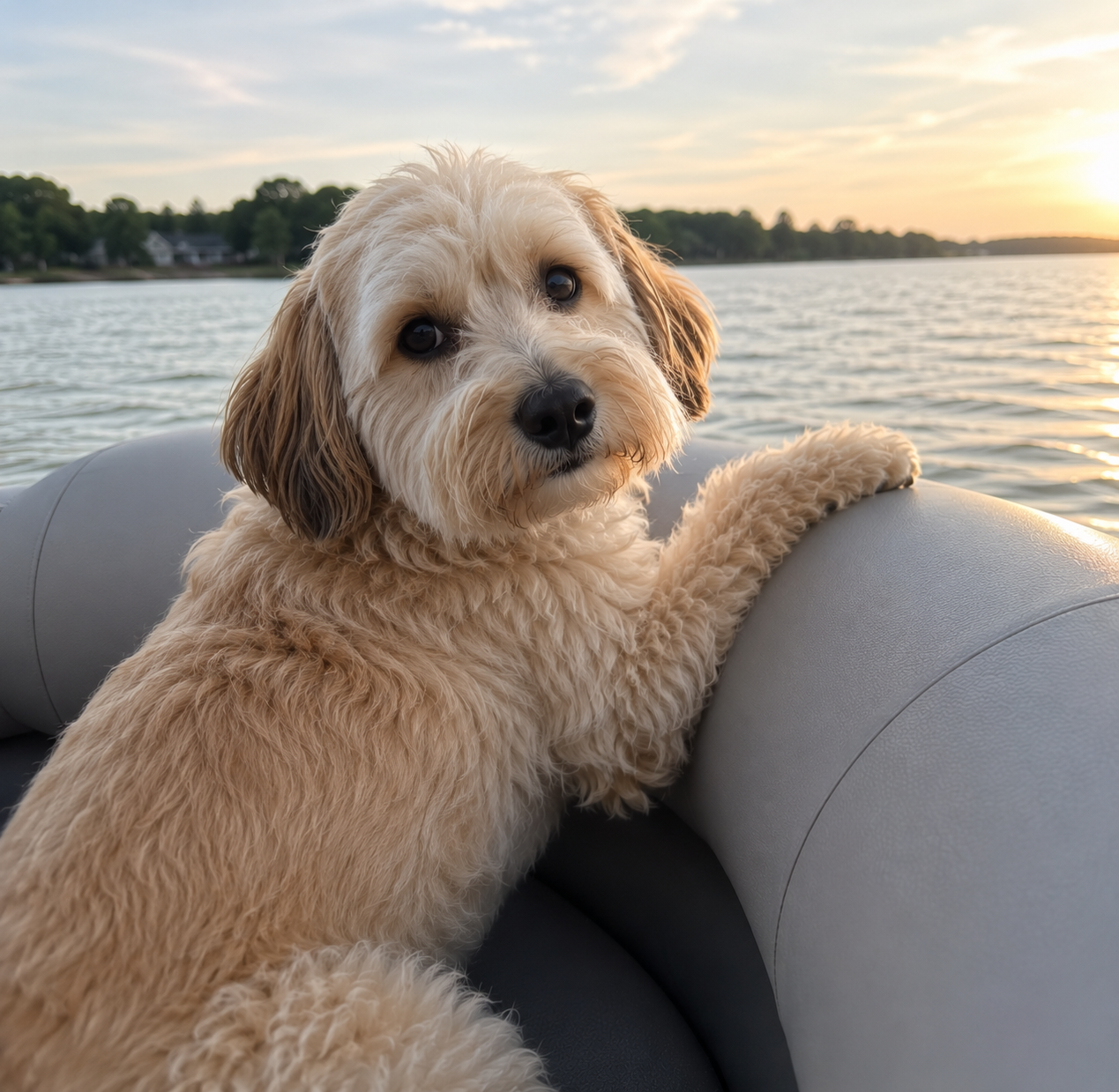 Cream doodle resting paws on a boat seat at sunset