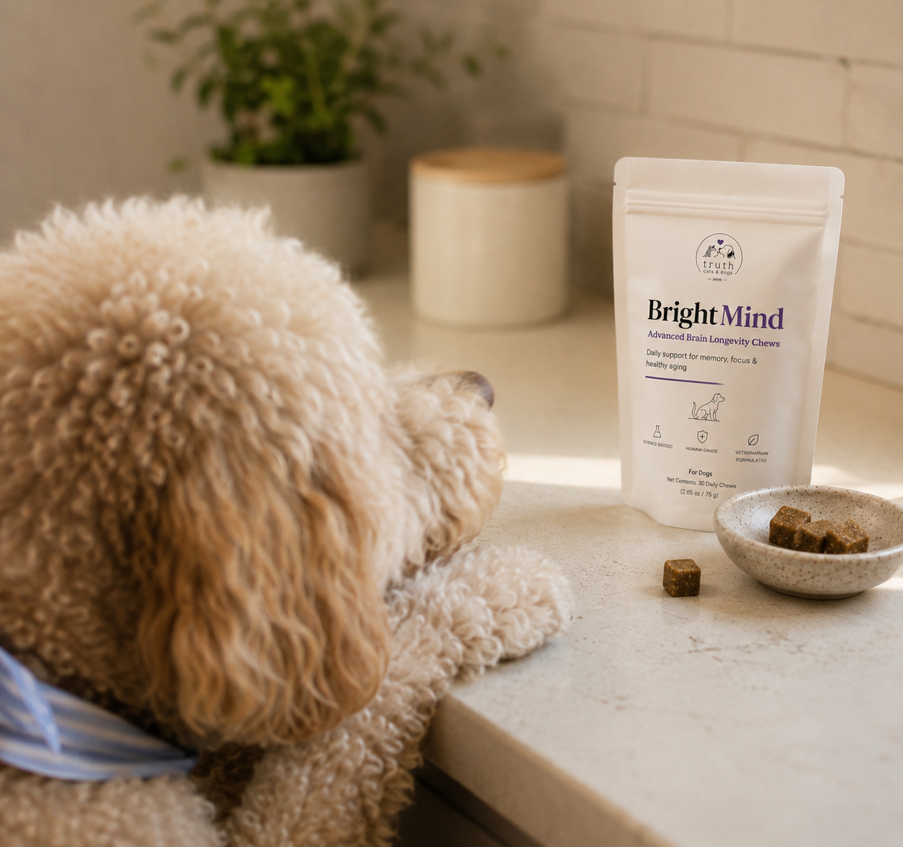 Curly-coated dog on the kitchen counter beside a BrightMind pouch and a bowl of chews in morning light