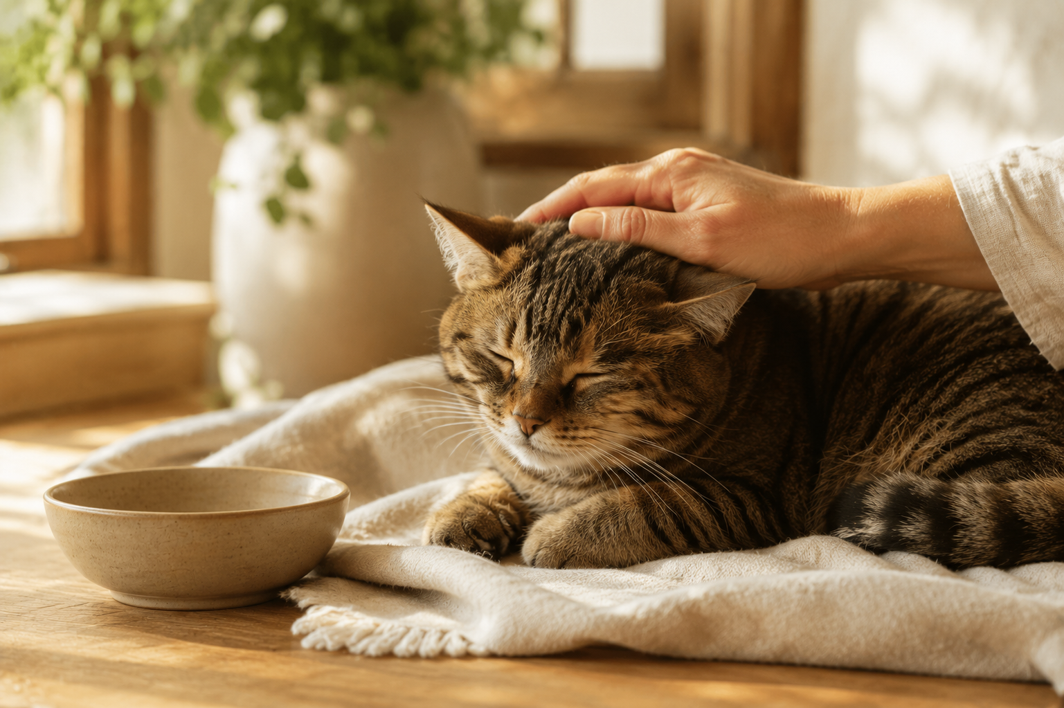 Tabby cat being stroked beside a ceramic feeding bowl.