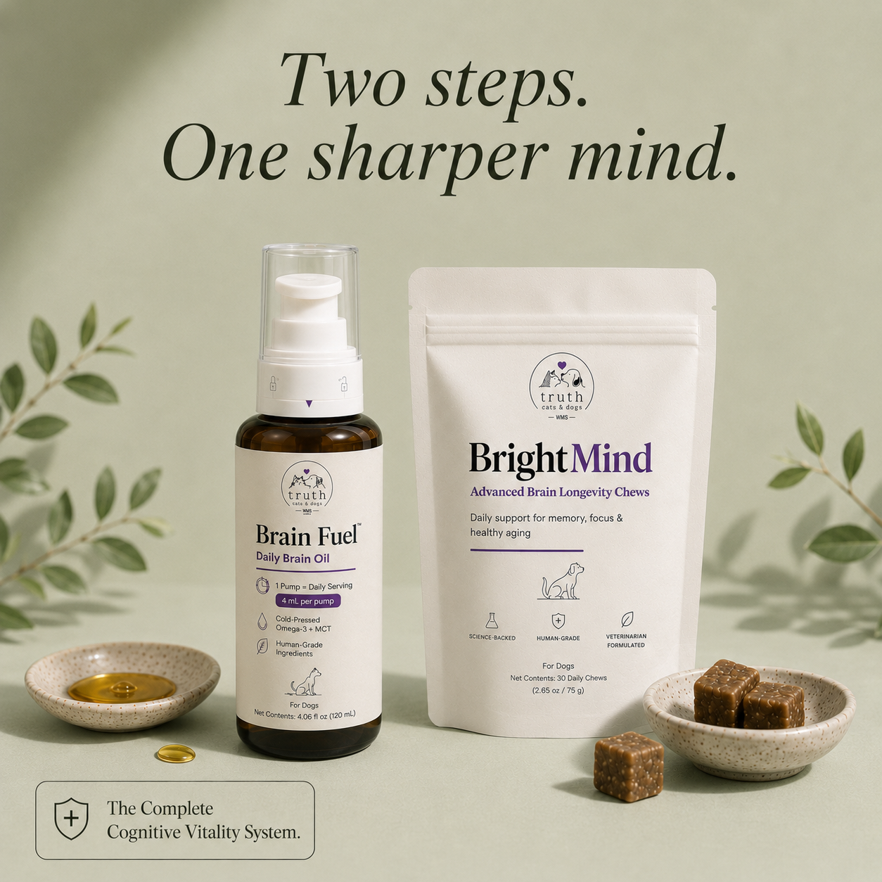 Two steps. One sharper mind — BrightMind chew + Brain Fuel oil