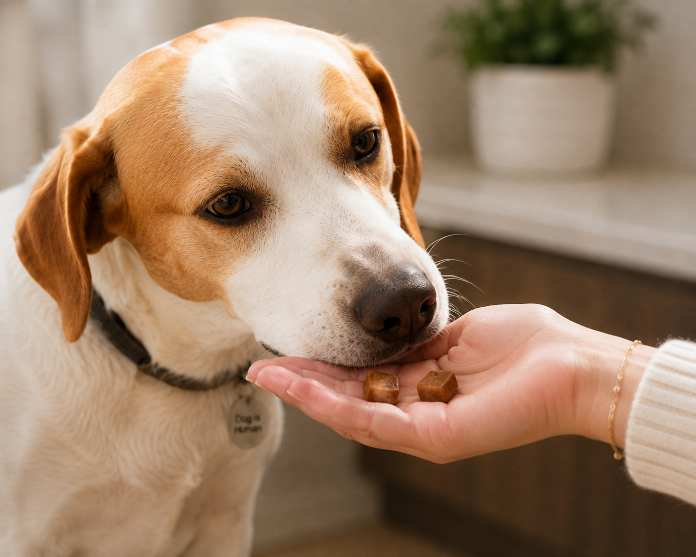 Golden retriever looking up at two BrightMind chews in a hand