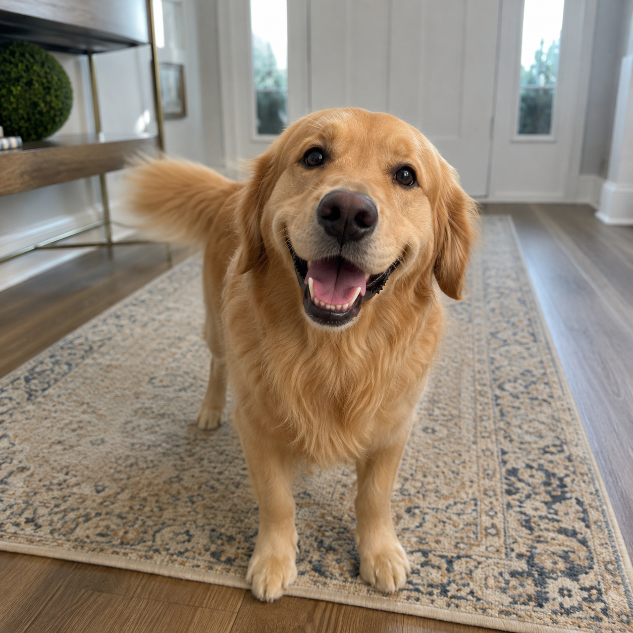 Golden retriever standing on a rug in a bright entryway