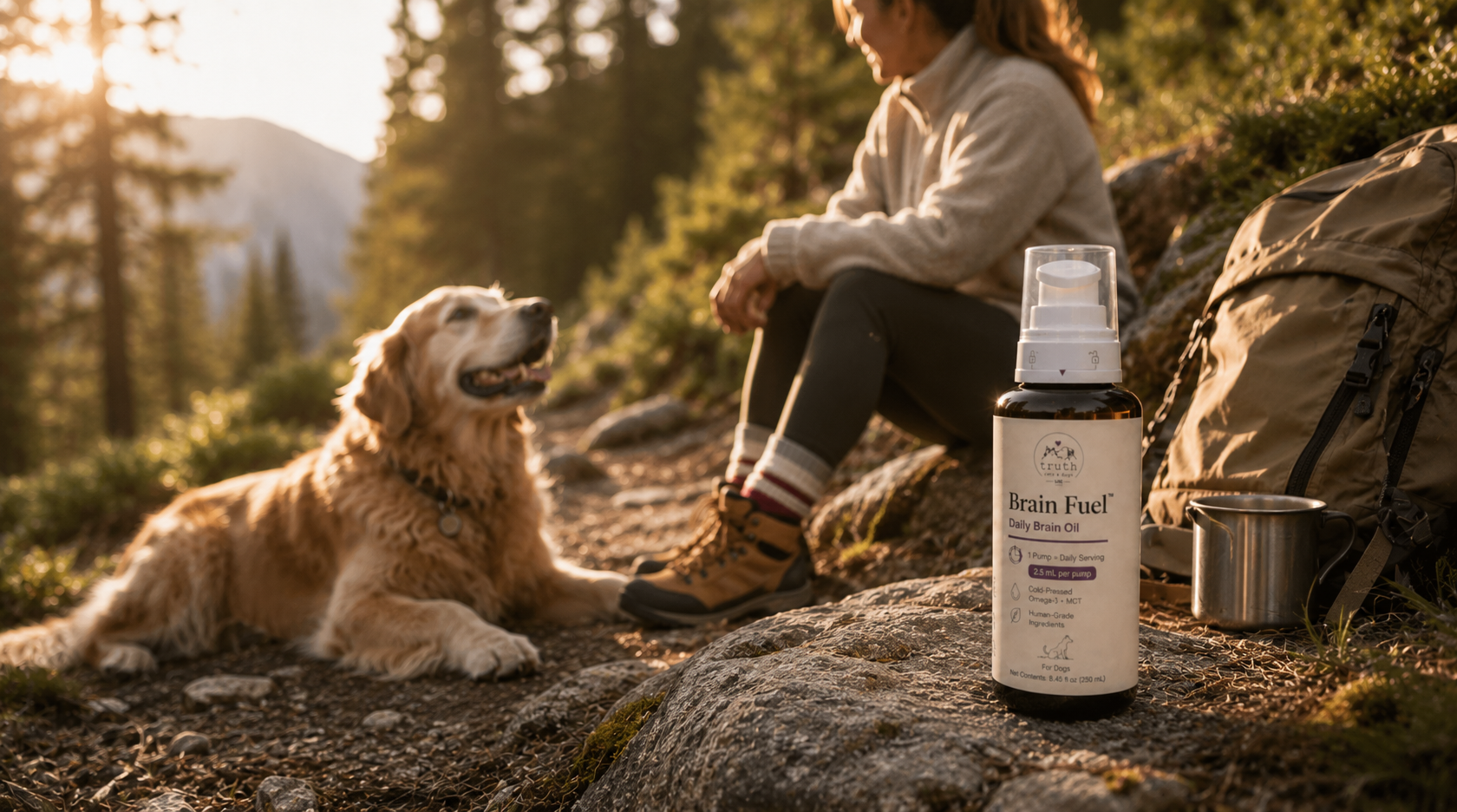 Golden retriever with Brain Fuel bottle on a forest trail — Daily Brain Oil for dogs.