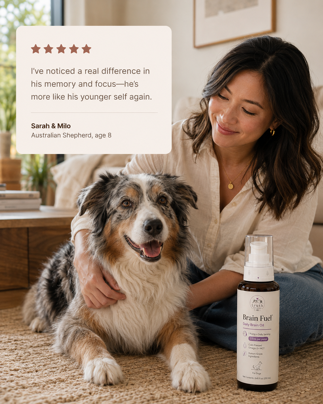 Sarah & Milo, Australian Shepherd age 8, with Brain Fuel