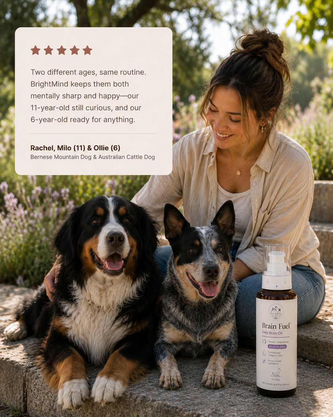 Rachel with Milo and Ollie, Bernese Mountain Dog and Australian Cattle Dog, with Brain Fuel