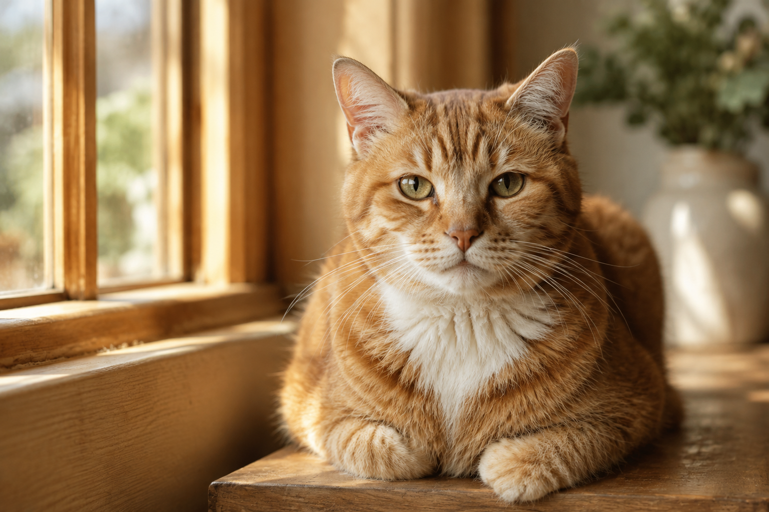 Ginger cat resting on a sunlit wooden windowsill.