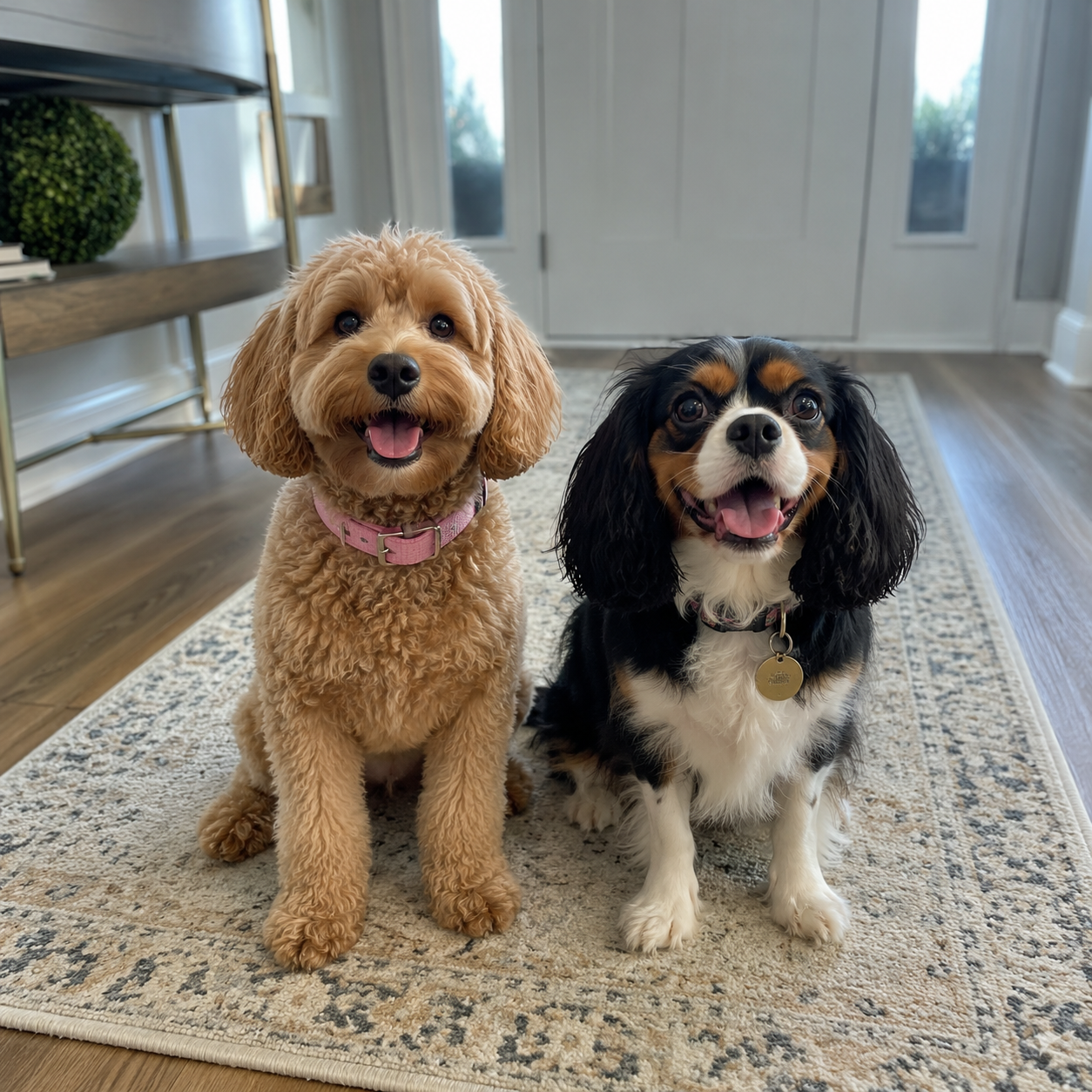Apricot doodle and cavalier king charles spaniel sitting together